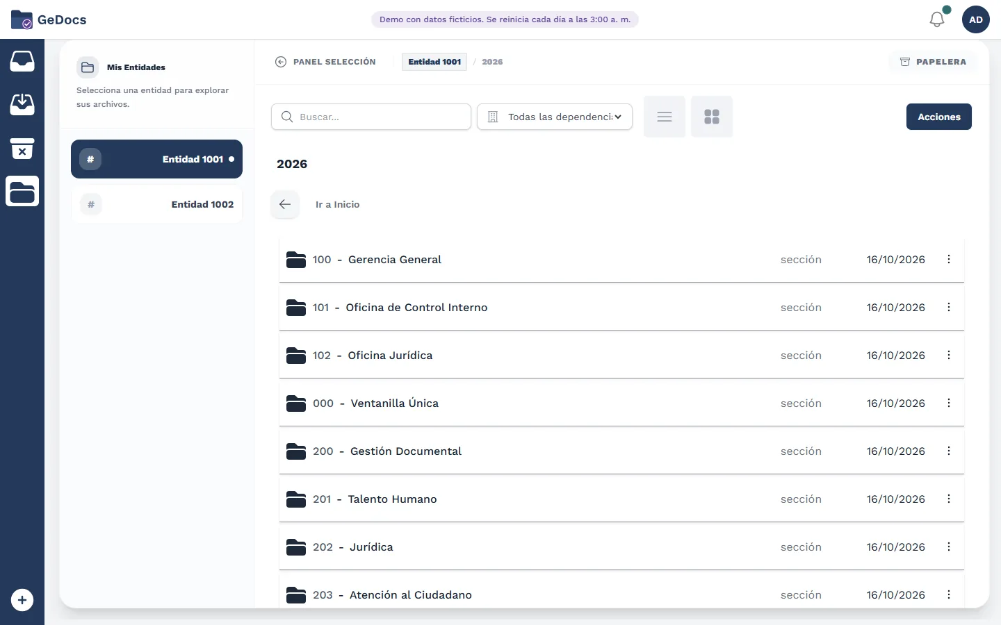 Document archive explorer, with the entities on the left and the departments of the chosen entity as folders.