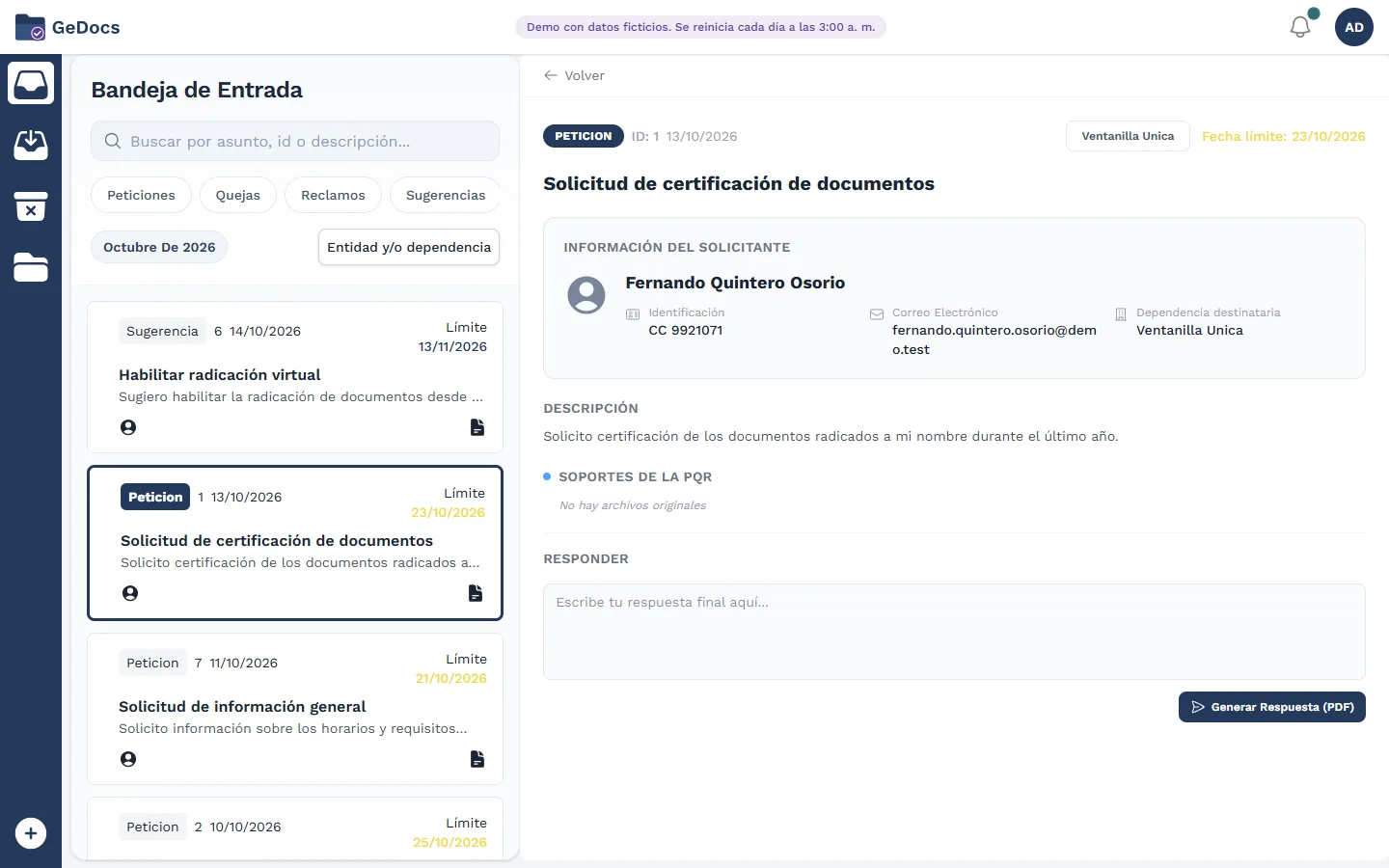 PQRSD inbox with filters by type, the requester details and the reply field.