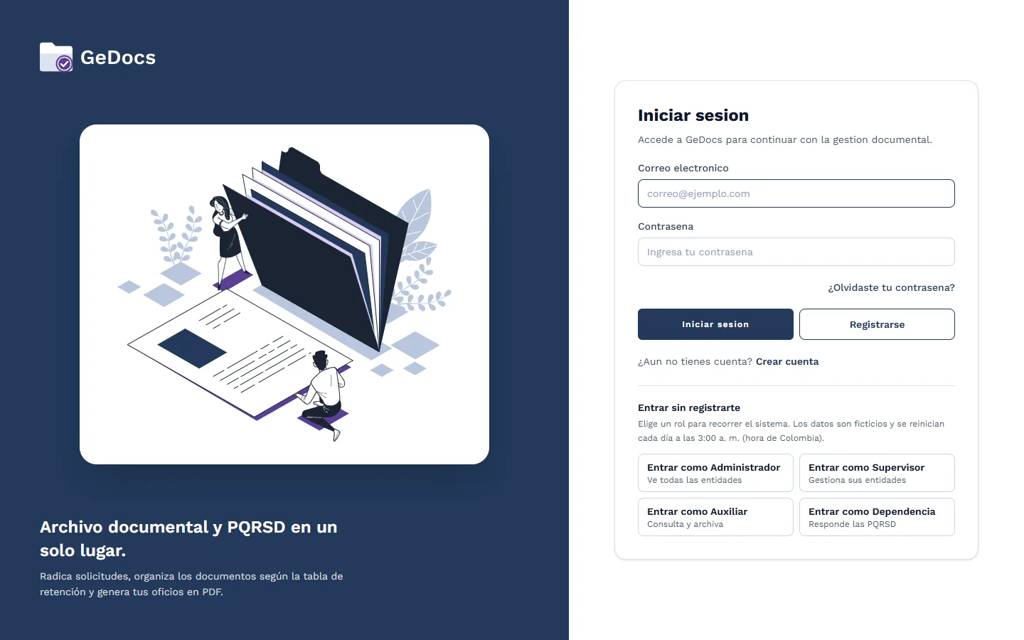 Gedocs login screen, with four buttons to sign in without registering, by role.